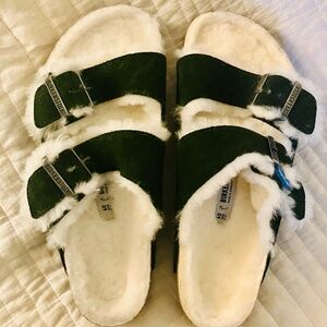 Birkenstock Arizona Shearling Suede Green Big Buckle
